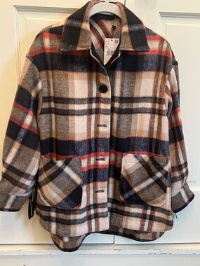 MNG Plaid Utility Jacket in Navy, Cream&Brown &Red Accents w/ fringe back detail